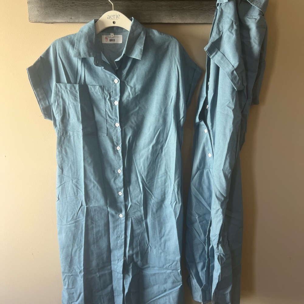 Blue Button-Down Midi Dress with Collar